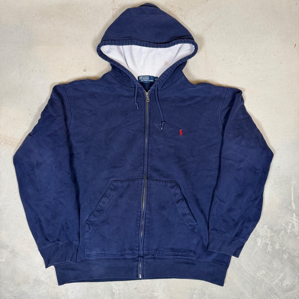 Polo Ralph Lauren Navy Blue Full Zip Hoodie Waffle Lined Red Pony Mens XL